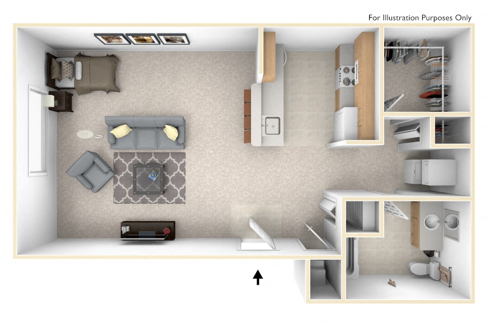 Floor plan for studio, 1 bath, 560 sqft